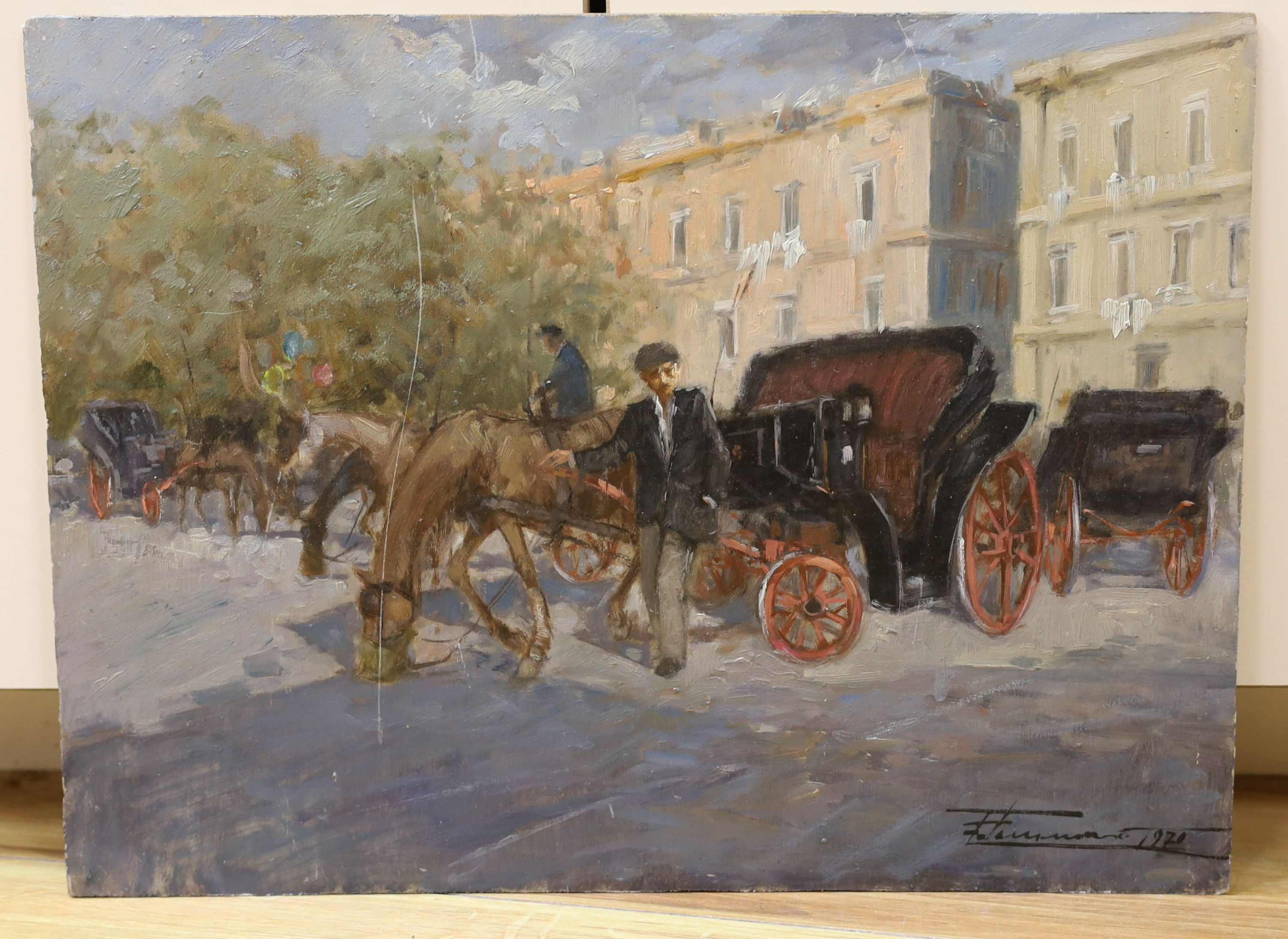 Francesco Tammaro (1939-), oil on board, Carriage horse and driver, signed and dated 1970, 30 x 40cm, unframed